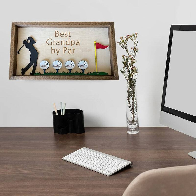 Golf home bar sign custom with surname for Dad, Father's Day decor, retro script typography, warm walnut tone, ready to hang in game room