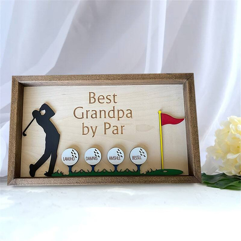 Golf family name sign personalized for Grandpa or Dad, great Father's Day present, round design with classic navy background for study wall