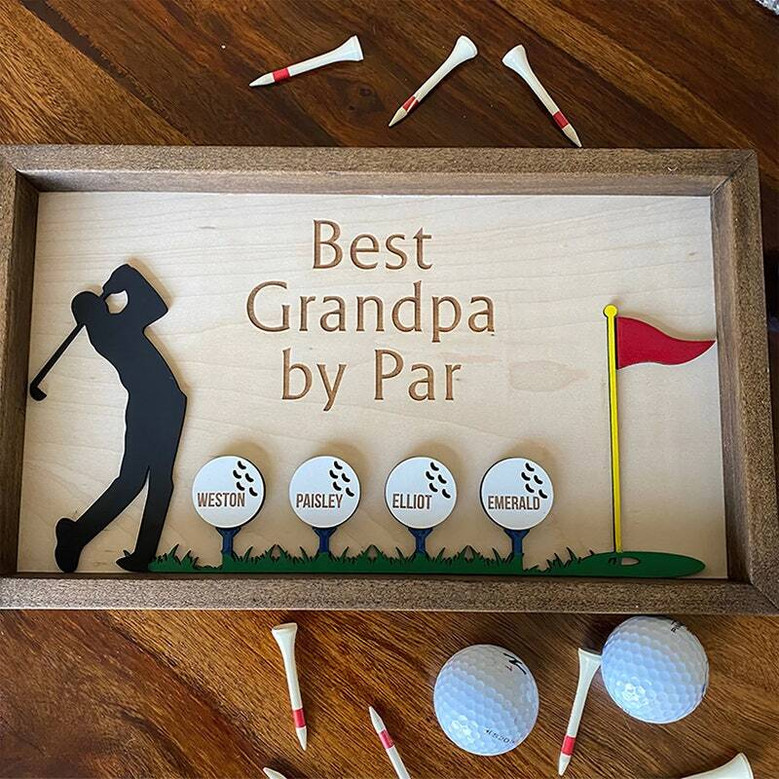 Golf silhouette wall sign personalized for Grandpa, Father's Day gift idea, brushed silver metal, vertical layout for hallway or entry decor