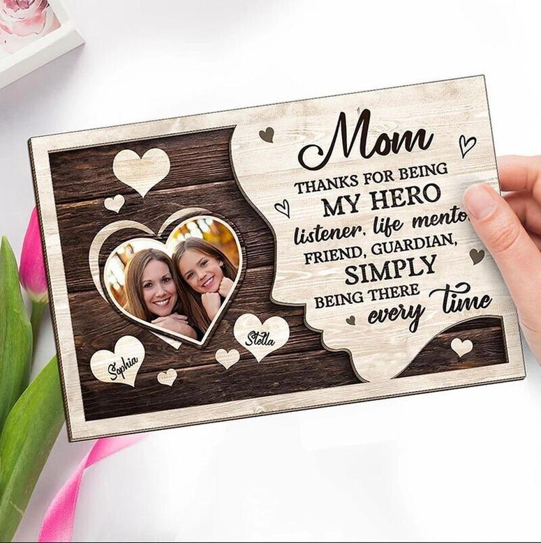 Heartfelt Mother Son Wooden Sign With Custom Photo & Names - Perfect Mother's Day Gift For Living Room Decor