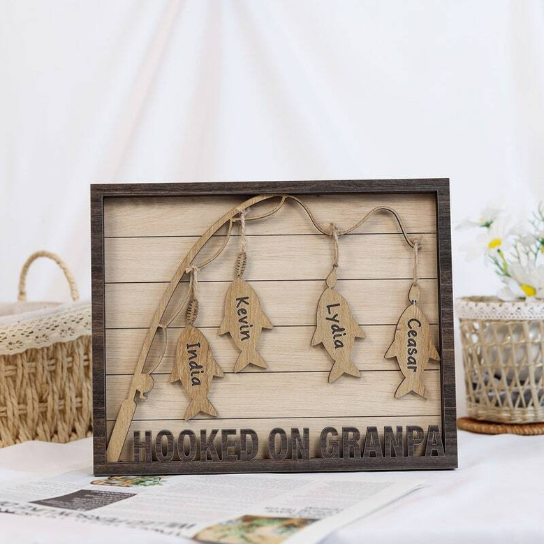 Dad fishing plaque, vertical hanging with twine and hook art, custom kids' names; Father's Day gift for man cave wall decor