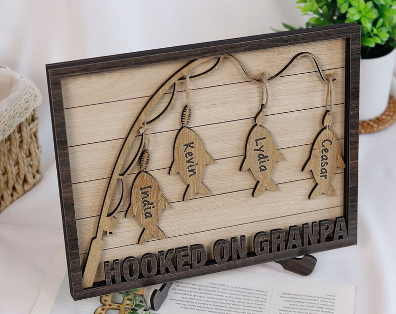 Dad fishing plaque with twine hanger and hook motif, personalized with kids' names; Father's Day gift for living room decor