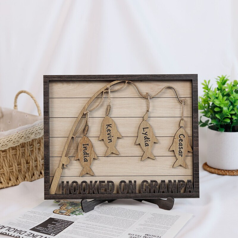 Dad fishing plaque, whitewashed wood style with twine and hook design; custom names and date, Father's Day living room decor