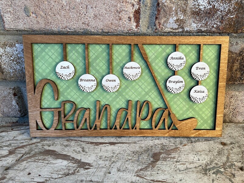 Golf sign for Dad, personalized with family name and crossed clubs; great Father’s Day gift for Grandpa’s man cave or garage