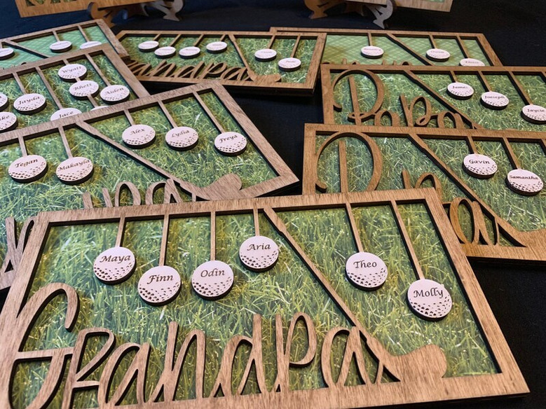 Golf sign for Dad with personalized name, minimalist layout and ball motif; birthday gift for Grandpa’s office wall