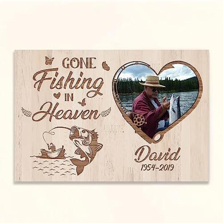 Personalized Memorial Canvas For Dad With Fishing Design - Wooden Theme Art In Loving Memory For Sympathy Gift