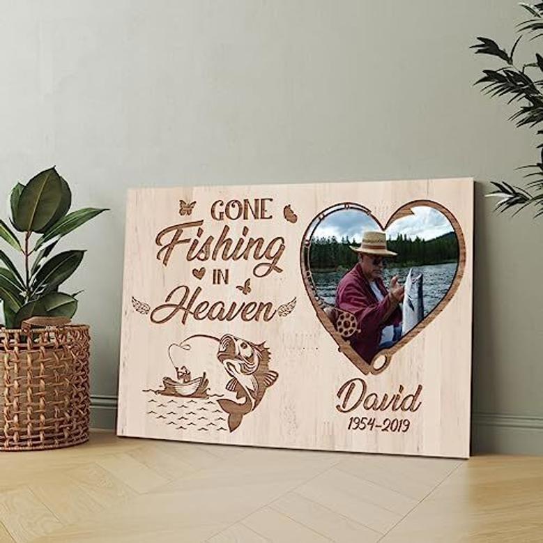 Personalized Memorial Canvas For Dad With Fishing Design - Wooden Theme Art In Loving Memory For Sympathy Gift