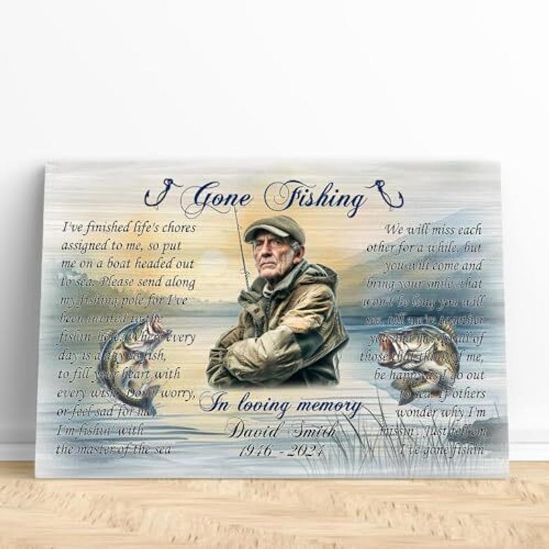 Thoughtful Fishing Memorial Canvas - Personalized Remembrance Gift For Dad's Loss In Rustic Style