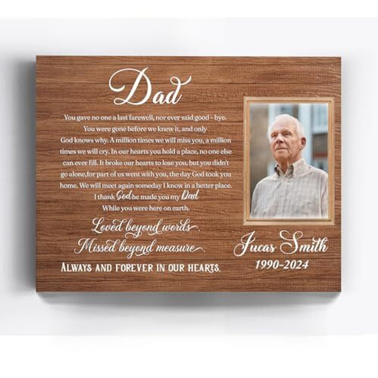 Memorial canvas for Dad, personalized with name and dates; sympathy remembrance wall art, meaningful Christmas gift