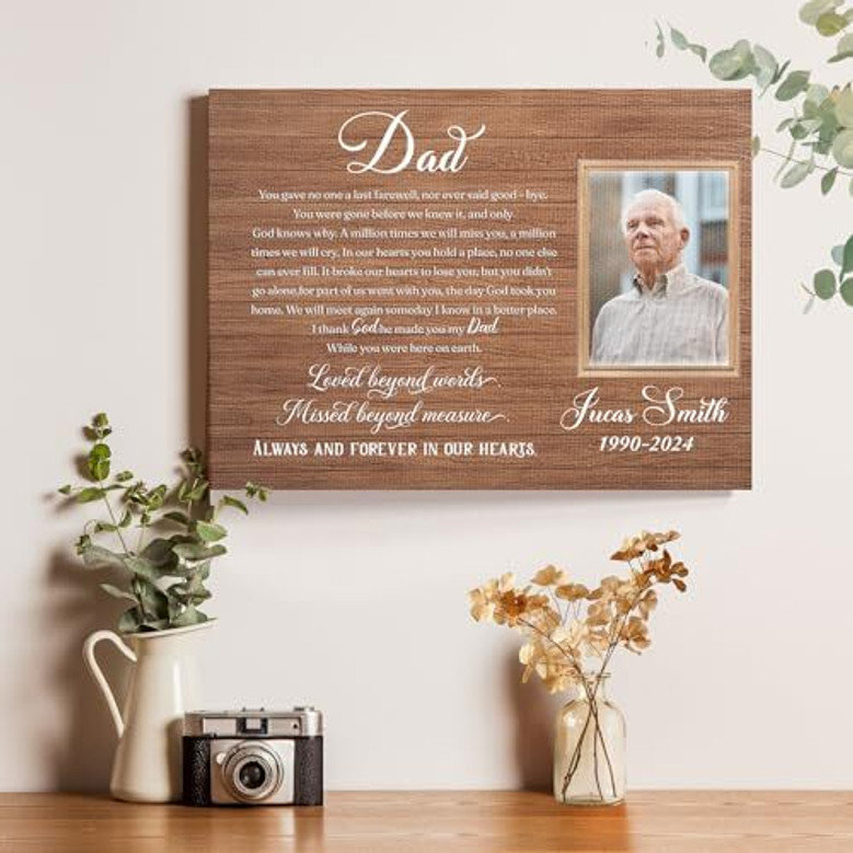 Memorial canvas for Dad with personalized name and dates, a sympathy remembrance gift, an ideal Christmas keepsake