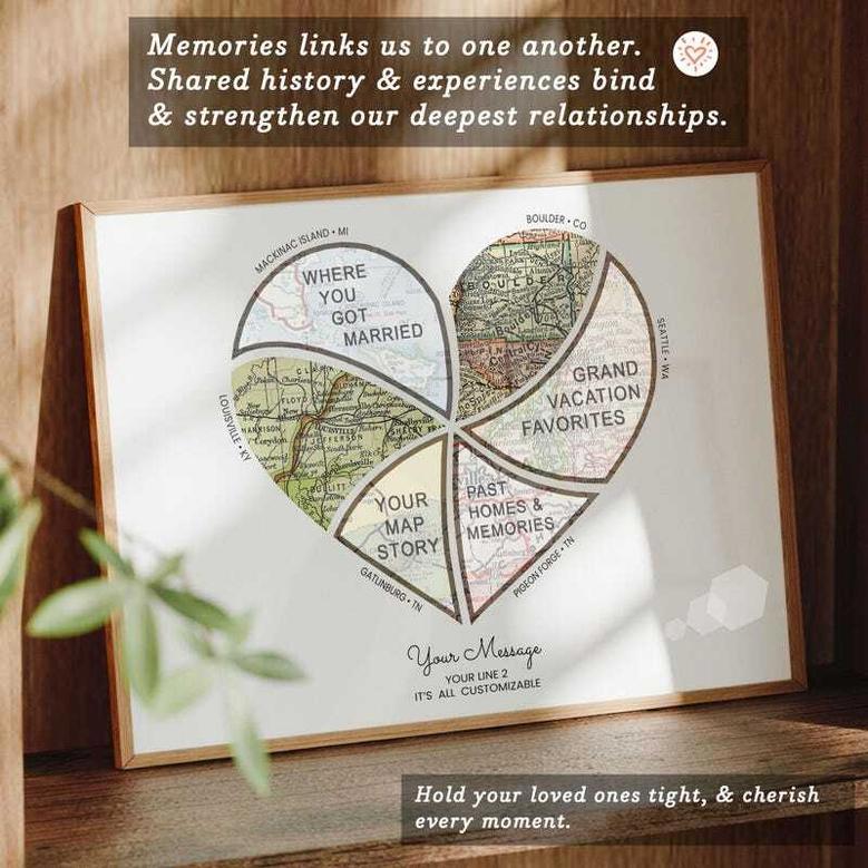 Couple Milestone Heart Map Canvas - Personalized Travel Locations, Curved Split Design For Wedding & Anniversary