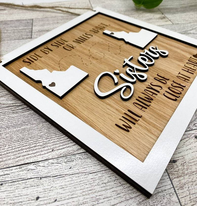 Long-distance family wooden sign, navy background, white text, personalized names, shelf sitter decor for distant loved ones