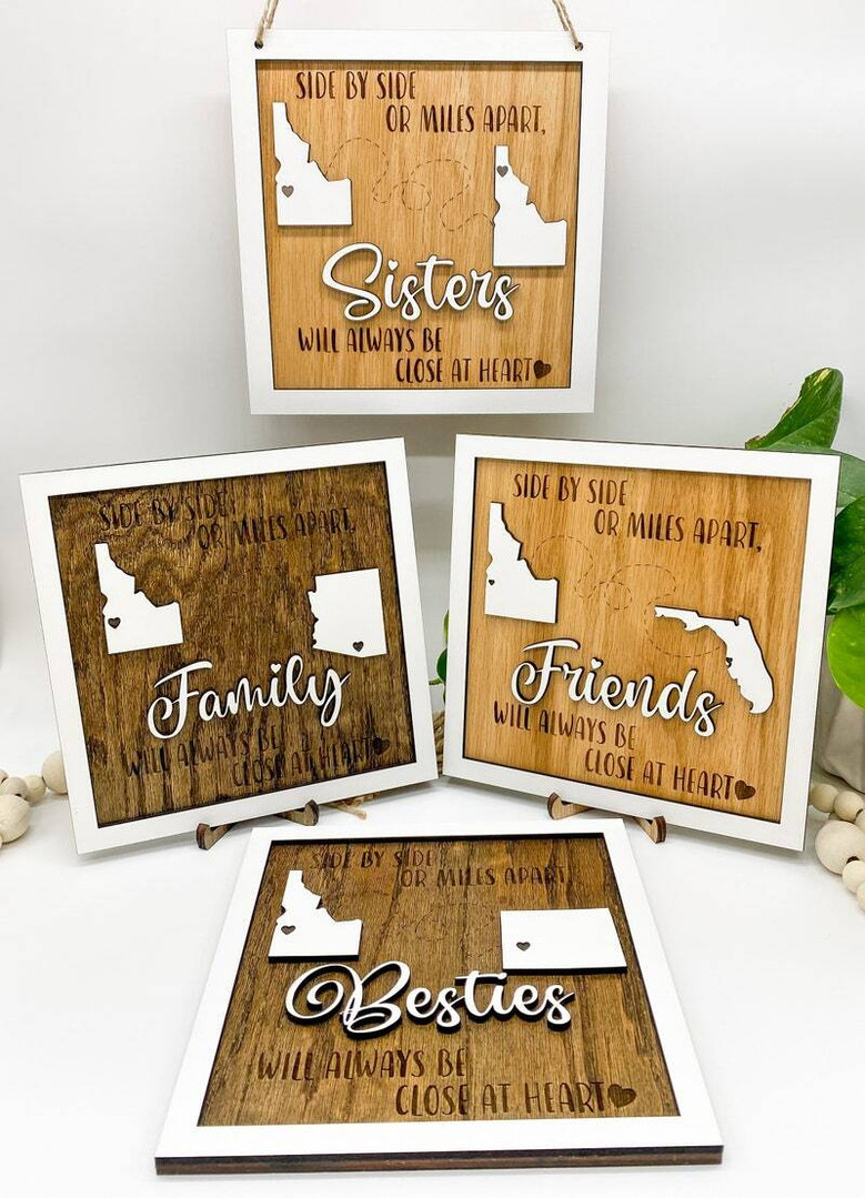 Long-distance family wooden sign, natural pine, custom names with two cities and miles, Christmas gift for far families