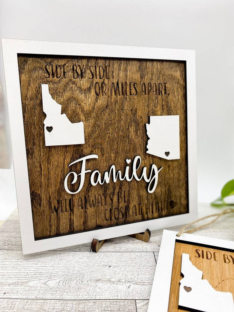 Long-distance family wooden sign, vertical framed design, custom names and coordinates, thoughtful gift for parents apart