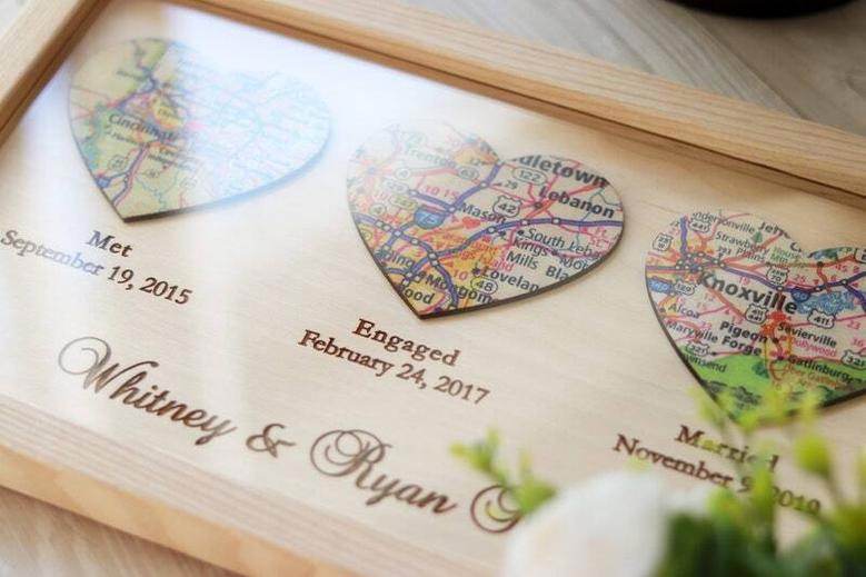 Personalized Heart Map Wood Sign For Couples - Our Love Story Anniversary Gift