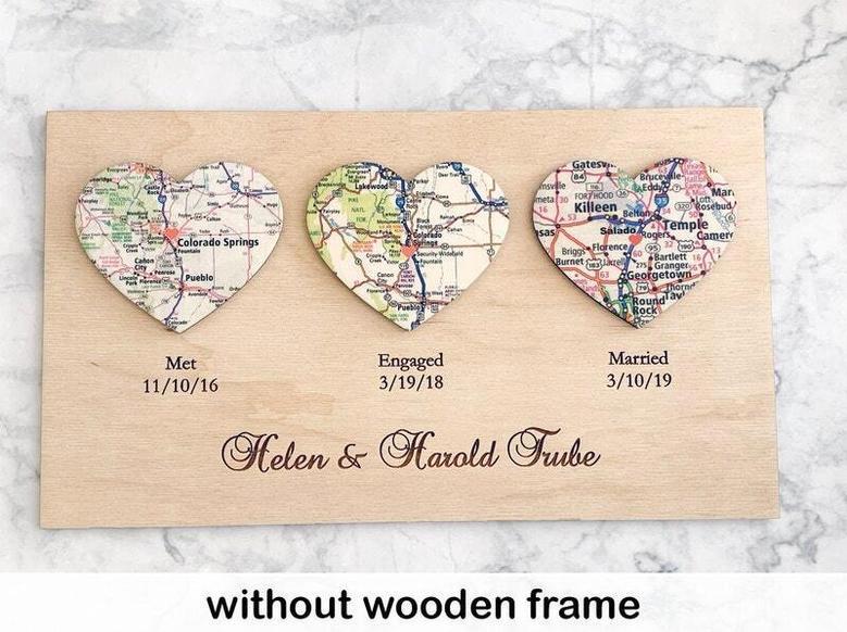 Personalized Heart Map Wood Sign For Couples - Our Love Story Anniversary Gift