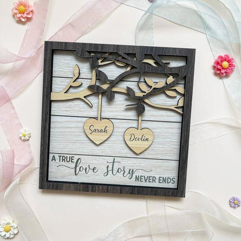 Personalized Couple Milestone Wooden Sign For Anniversary Gift - A True Love Story Never Ends