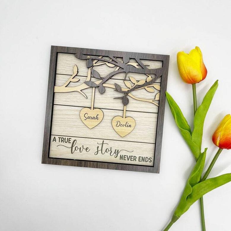 Personalized Couple Milestone Wooden Sign For Anniversary Gift - A True Love Story Never Ends