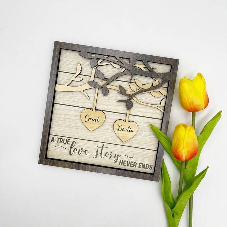 Personalized Couple Milestone Wooden Sign For Anniversary Gift - A True Love Story Never Ends