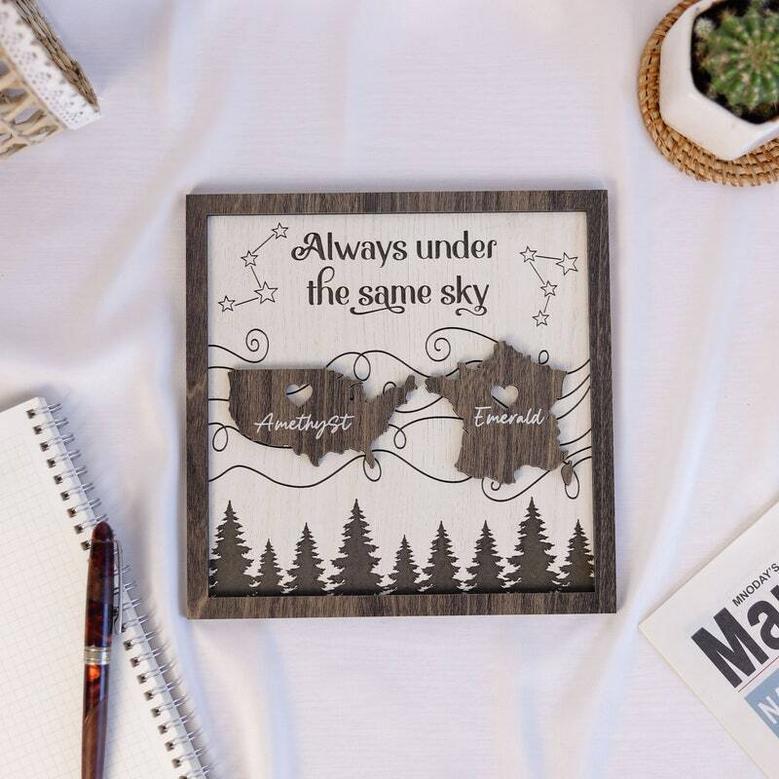 Always Under The Same Sky Wood Sign - Personalized Long Distance Family Gift For Couples Or Moving Away