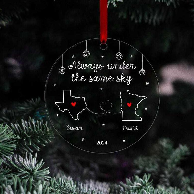 Personalized Long Distance Family Gift Ornament For Christmas - Always Under The Same Sky Design For Couples