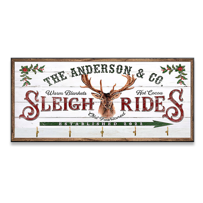 Vintage Sleigh Rides Key Holder – Christmas Decor with Reindeer, Hot Cocoa & Warm Blankets