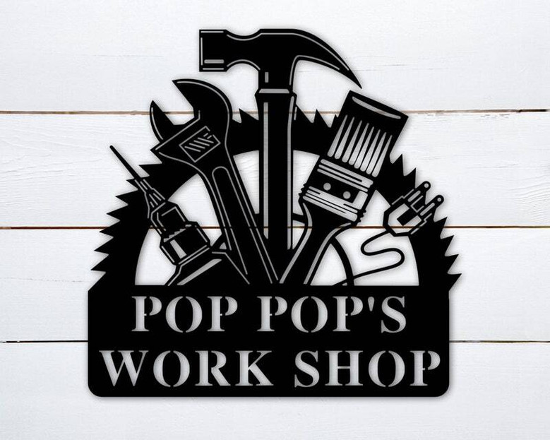 Workshop metal sign for Grandpa’s garage, custom name and established year; durable metal decor for a Father’s Day gift