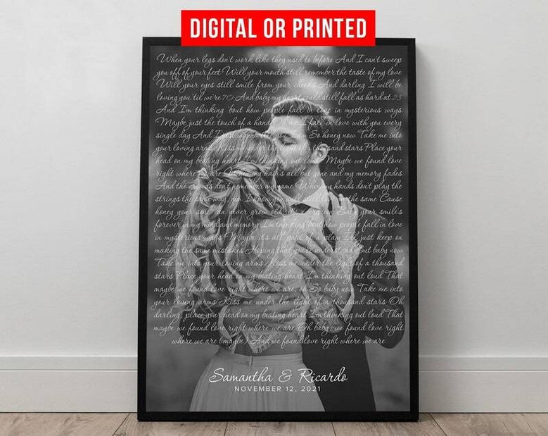 Custom first dance lyrics canvas print, black-and-white photo, cursive names and date; 1st anniversary gift for newlyweds Custom first dance lyrics canvas print, black-and-white photo, cursive names and date; 1st anniversary gift for newlyweds