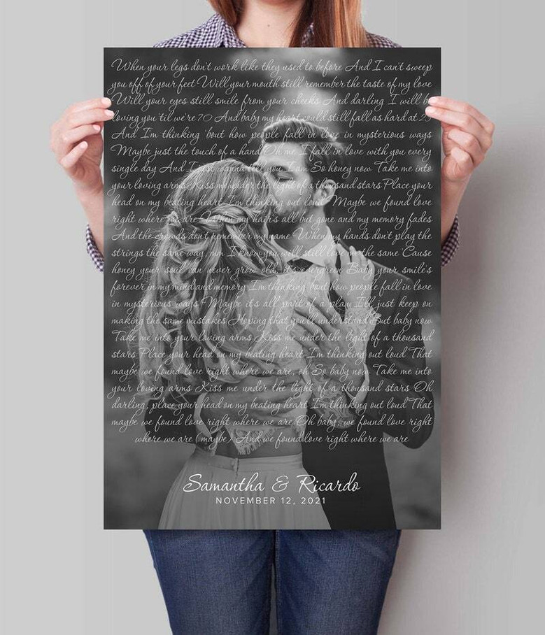 Personalized song lyrics canvas, portrait with first dance photo, script names and date; 1st anniversary gift keepsake Personalized song lyrics canvas, portrait with first dance photo, script names and date; 1st anniversary gift keepsake