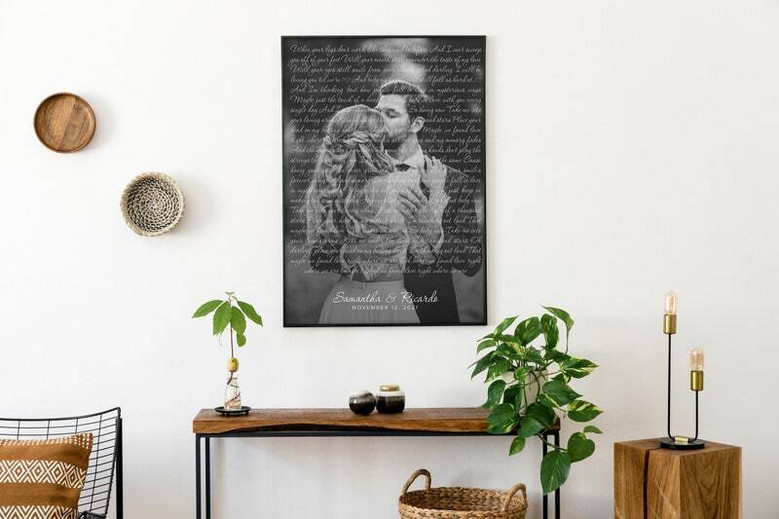 Custom first dance song lyrics canvas, split design with photo and text, modern sans-serif names and date; gift for newlyweds Custom first dance song lyrics canvas, split design with photo and text, modern sans-serif names and date; gift for newlyweds