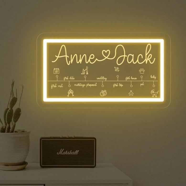 Personalized Love Story Timeline Metal Sign For Couples Anniversary Gift - LED Neon For Bedroom Decor