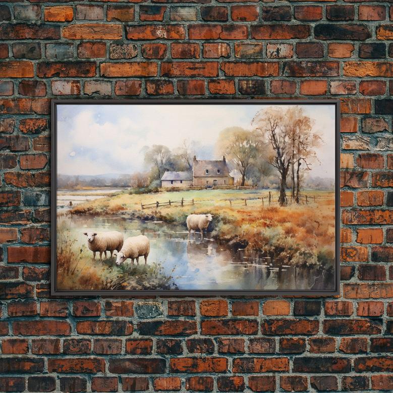 Sheep Grazing By The River - Rustic Farmhouse Canvas for Wall Decor