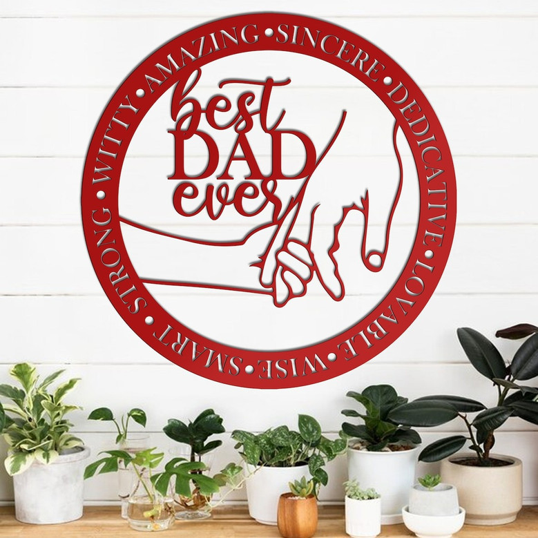 Best Dad Ever metal sign in brushed stainless steel, vertical script style wall art, Father’s Day decor for office or garage