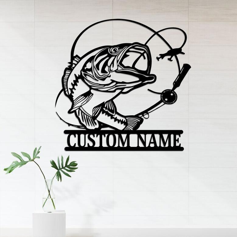 Personalized Bass Metal Wall Art With LED For Dad's Man Cave - Thoughtful Fishing Home Decor Gift