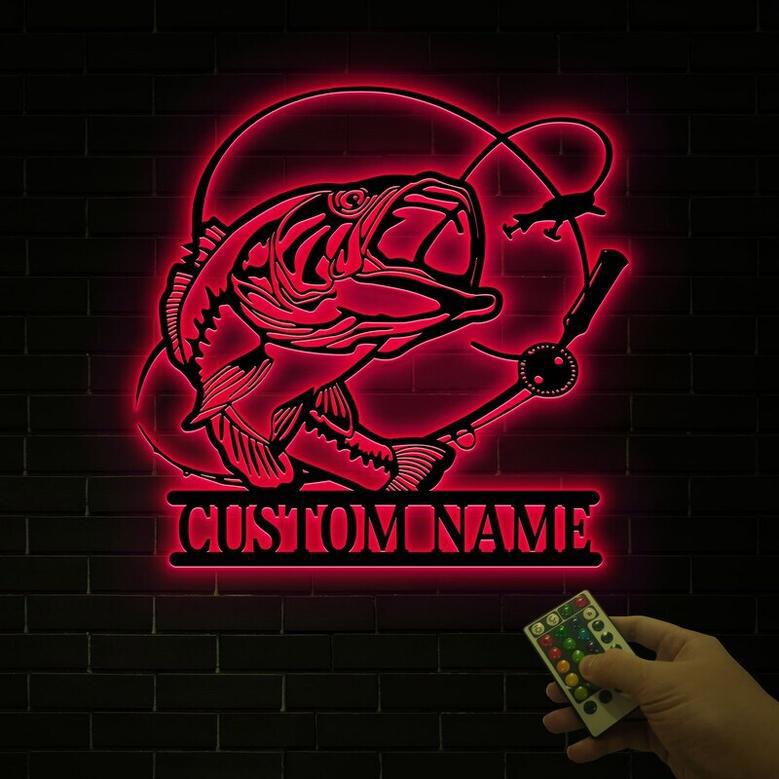 Personalized Bass Metal Wall Art With LED For Dad's Man Cave - Thoughtful Fishing Home Decor Gift