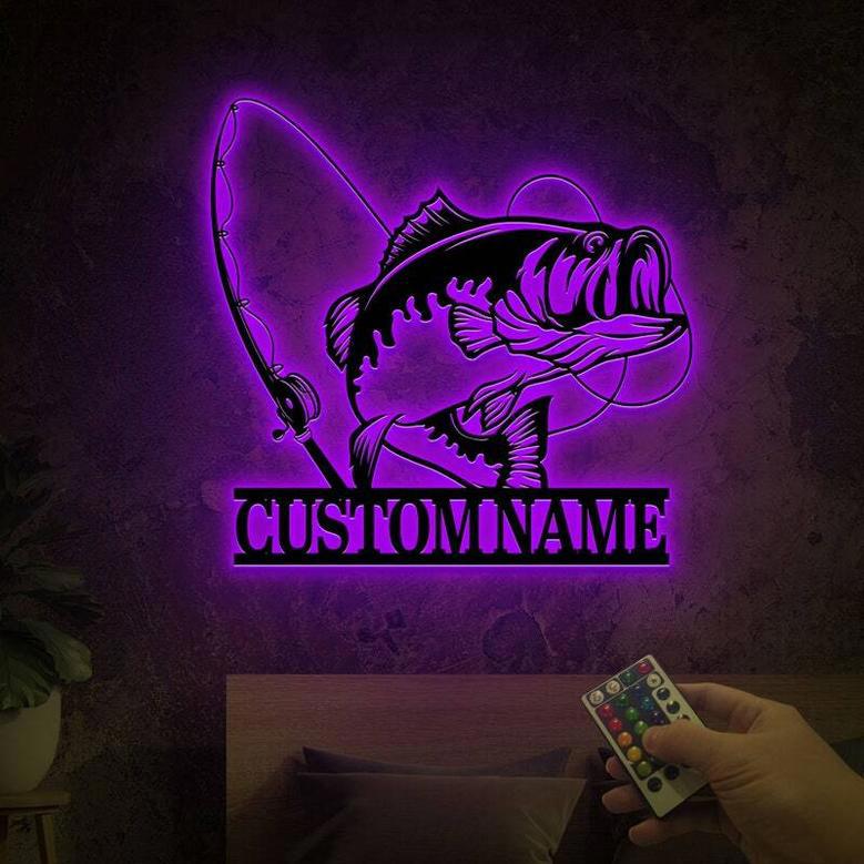 Personalized Bass Fishing Metal Wall Art For Dad With LED Lights - Fish Pole Decor For Lake House Or Man Cave