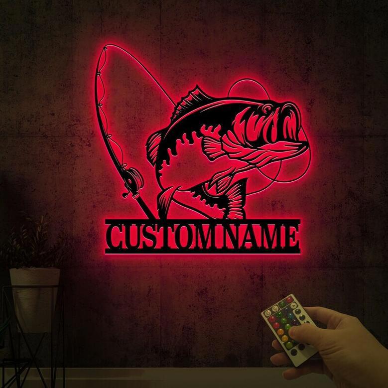 Personalized Bass Fishing Metal Wall Art For Dad With LED Lights - Fish Pole Decor For Lake House Or Man Cave