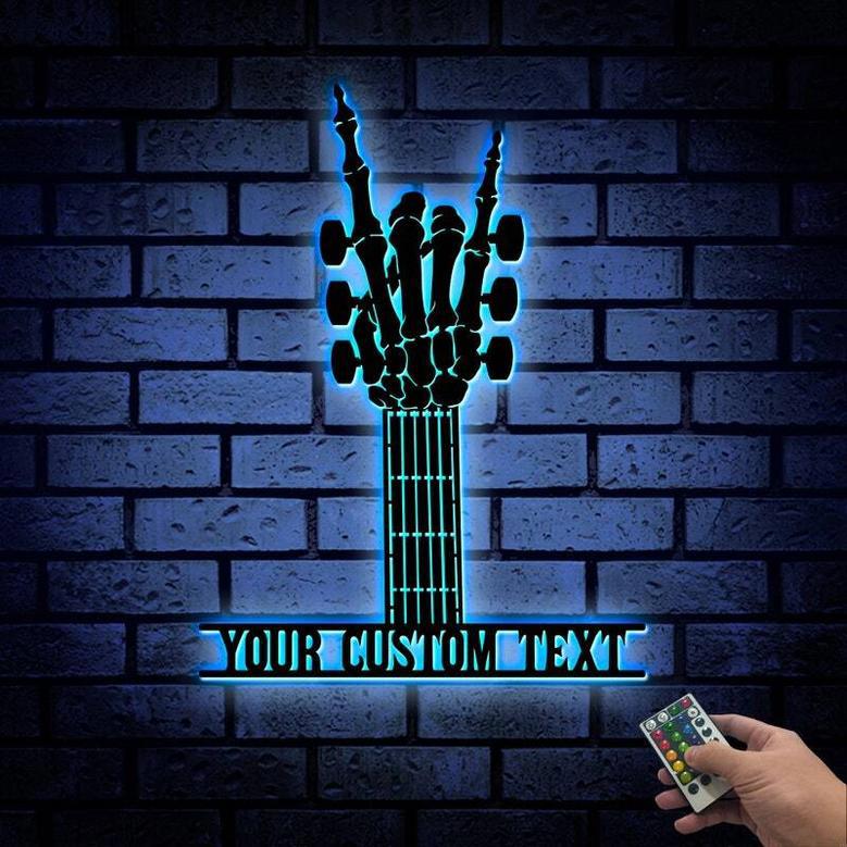 Guitar Dad Metal Sign With LED - Rock On Skeleton Hand Personalized Gift For Father's Day - Music Lover's Wall Art