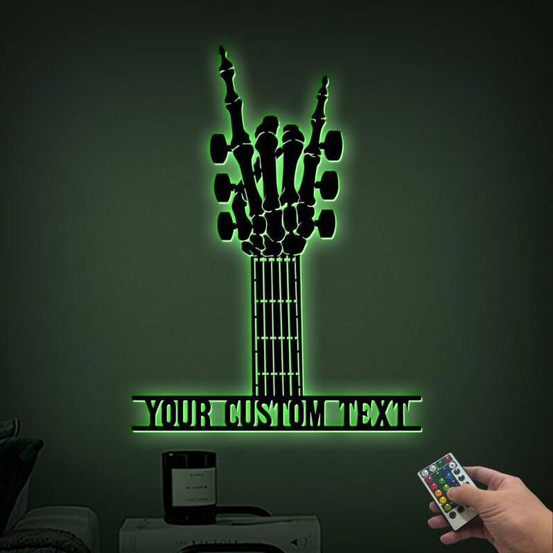 Guitar Dad Metal Sign With LED - Rock On Skeleton Hand Personalized Gift For Father's Day - Music Lover's Wall Art