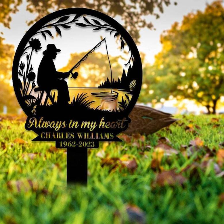 Personalized Gone Fishing Metal Sign - Remembrance Stake For Dad Loss