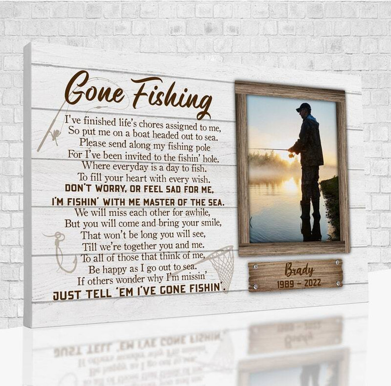 Gone Fishing memorial canvas, sunset silhouette and rod with dad memorial text, portrait, sympathy gift for loss of father