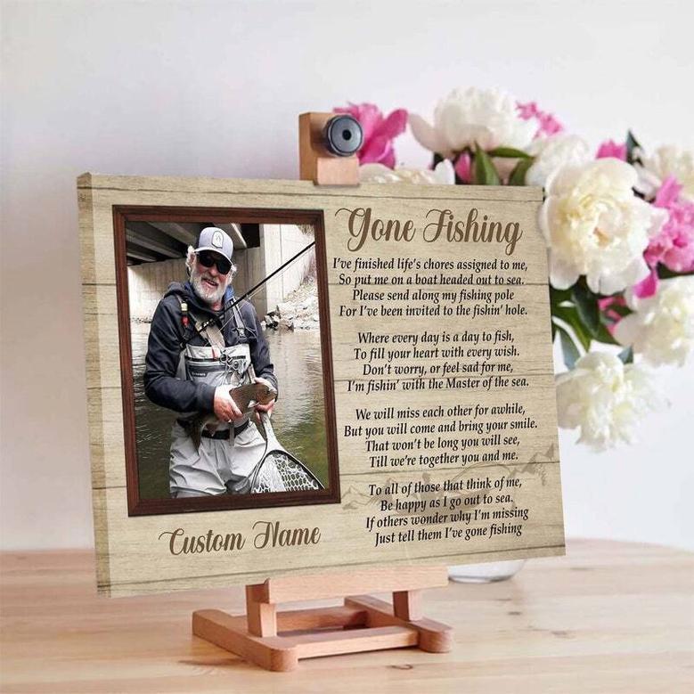 Personalized Memorial Gone Fishing Wall Hanging with Dad's Photo Canvas