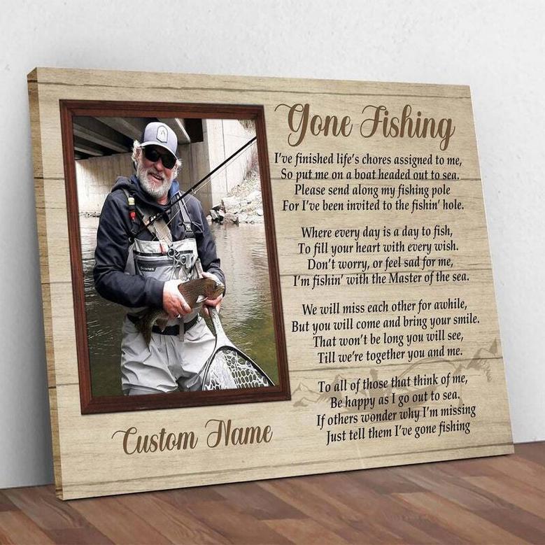 Personalized Memorial Gone Fishing Wall Hanging with Dad's Photo Canvas