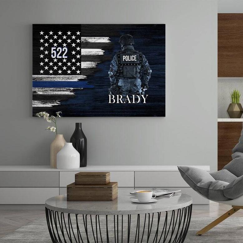 Personalized Police Dad Canvas Patriotic Flag Art Gift For Father's Day Living Room Decor