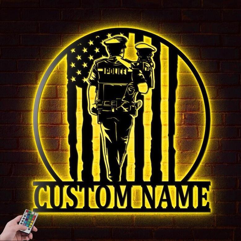 Personalized Police Dad Metal Wall Art With LED Light - American Flag Design For Father's Day Gifts Home Decor