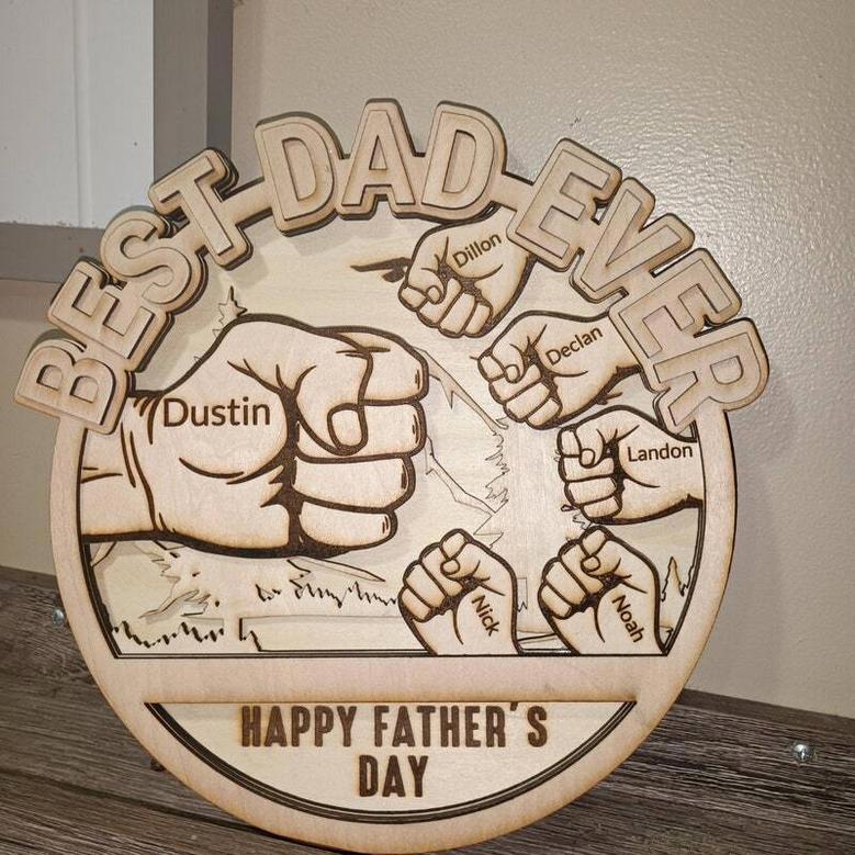 Thoughtful Best Dad Ever Wood Sign With Fist Bump Design - Personalized Gift For Him On Father's Day