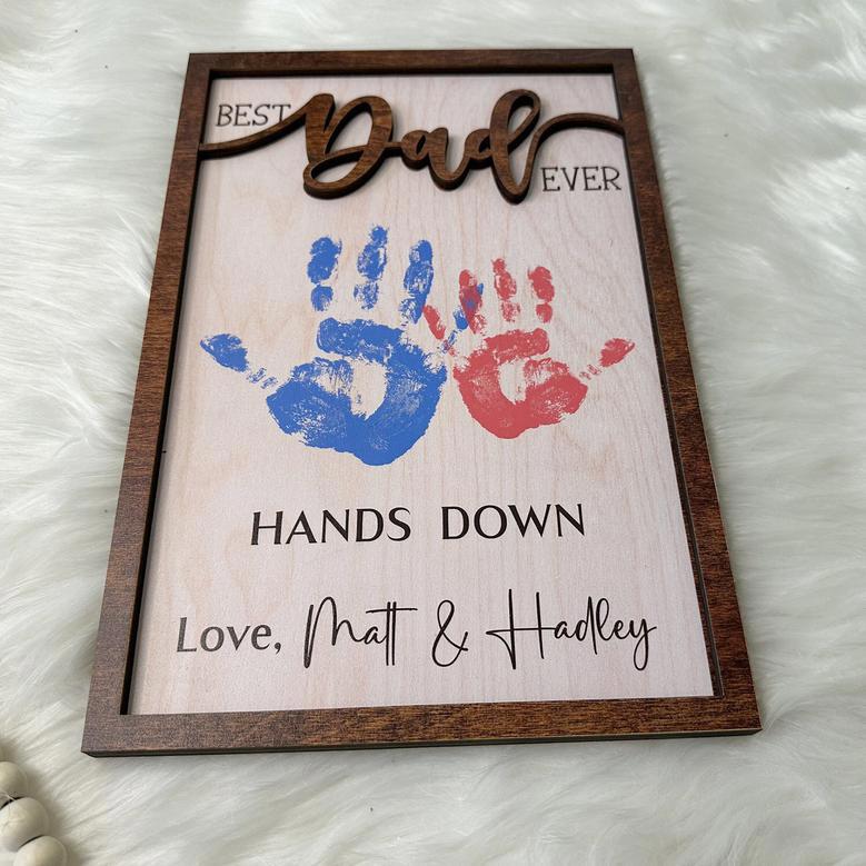 Best Dad Ever Personalized Wooden Sign With Handprints - Thoughtful Father's Day Gift For Dad's Office