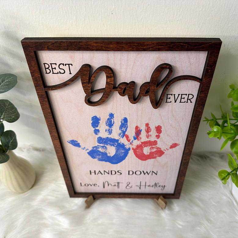 Best Dad Ever Personalized Wooden Sign With Handprints - Thoughtful Father's Day Gift For Dad's Office