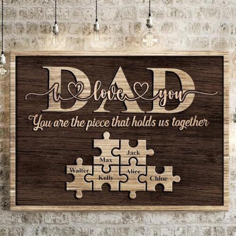 Touching Dad Puzzle Canvas With Children's Names - Personalized Wall Art For Father's Day And Home Decor