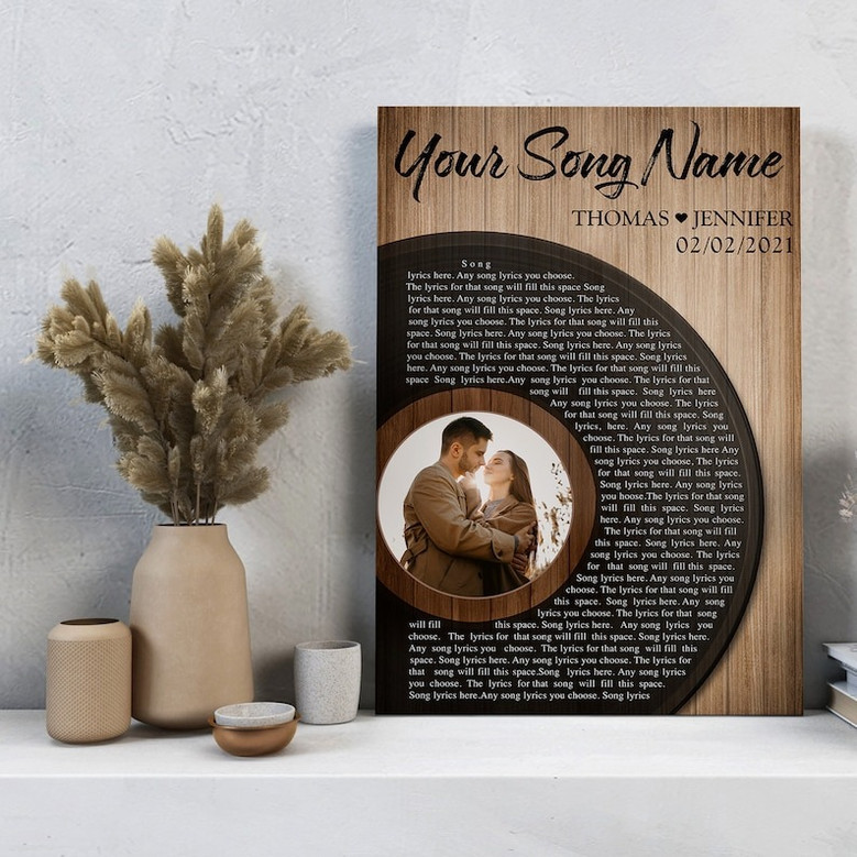 First dance song lyrics canvas featuring your chosen track, personalized wedding wall art and keepsake gift for the couple.
